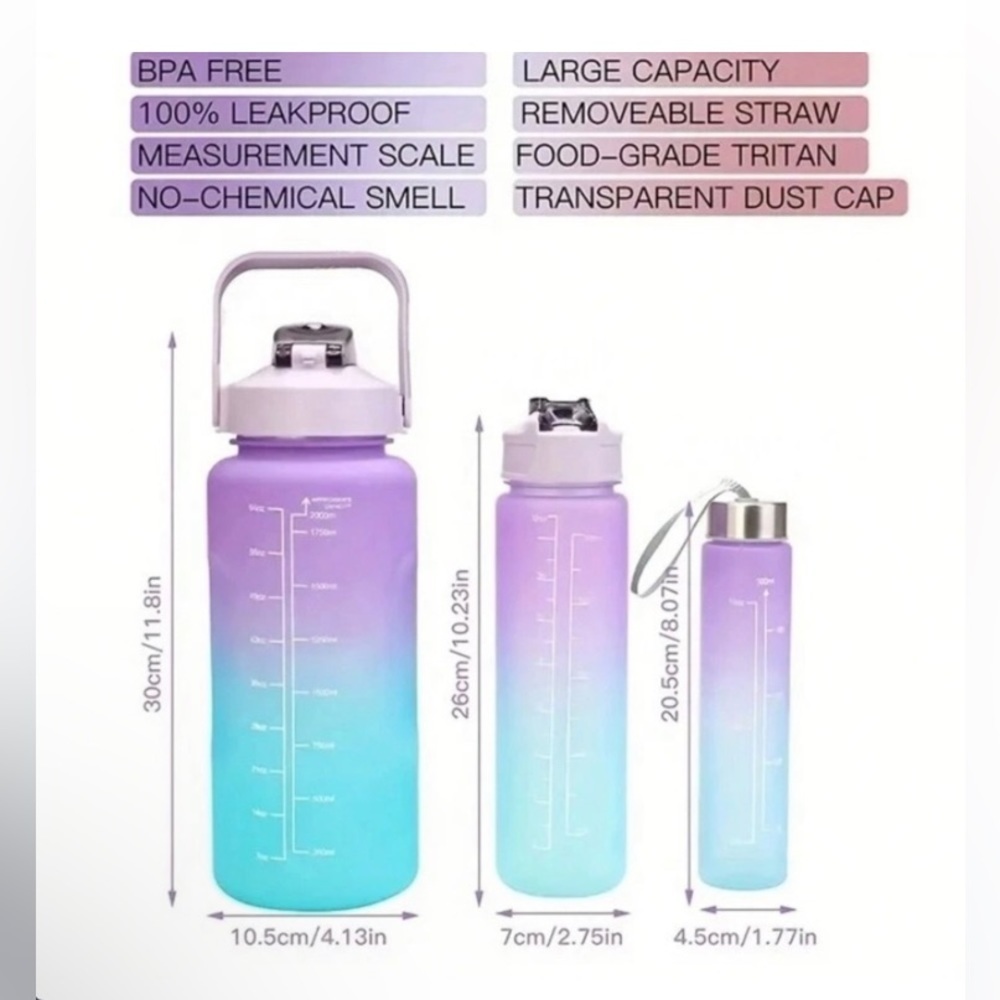 3 Motivational Sports Water Bottles BPA Free 64 oz, 32 oz & 12 oz NWT